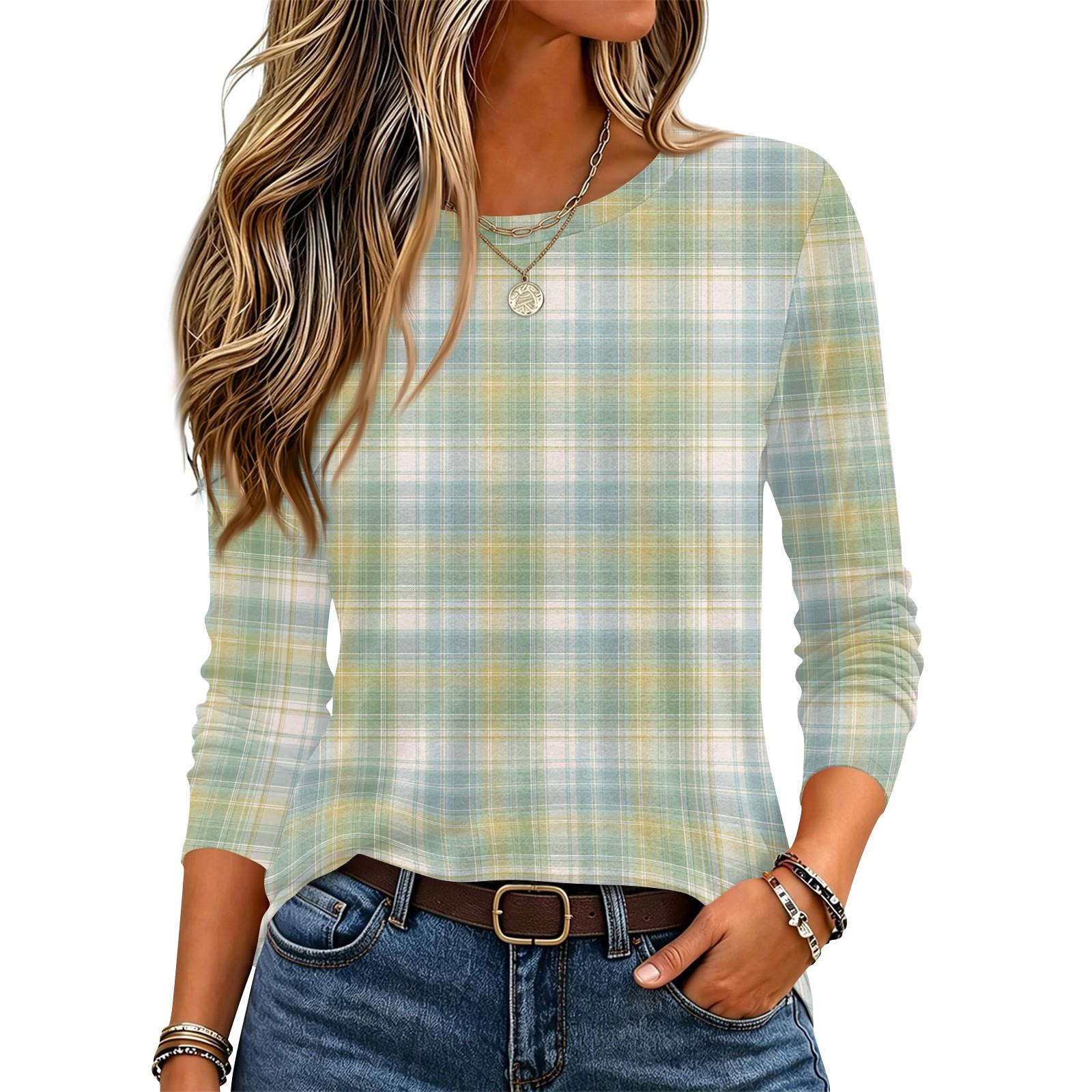 Women s Fashion Striped Plaid Print Long Sleeve Pullover Top with Round Neck L