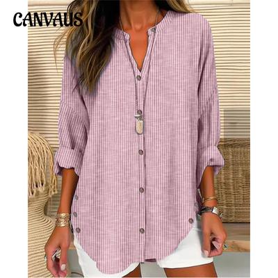 Camicia a maniche lunghe con bottoni e righe, tinta unita, casual, da donna, primavera e autunno