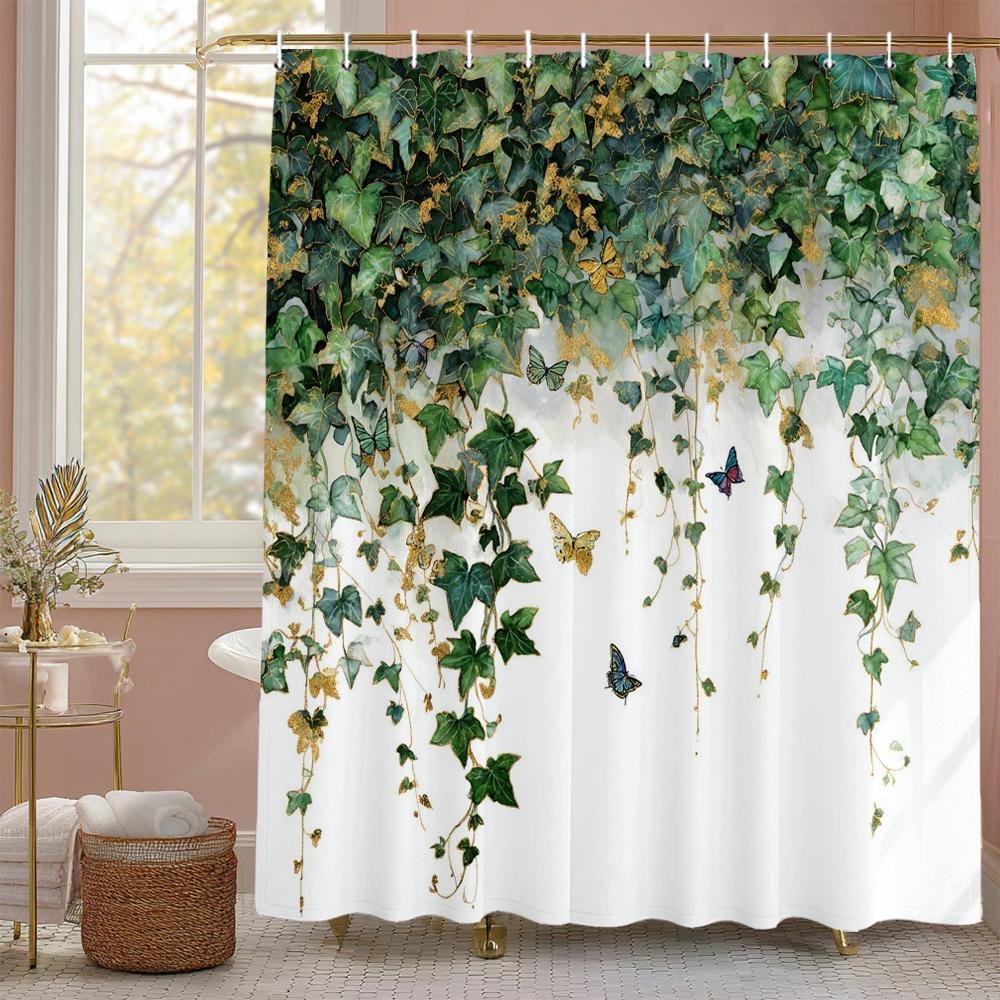 Green leaf plant Shower Curtain, Bathroom Decorative Shower Curtain, Waterproof Shower Curtain with Hooks