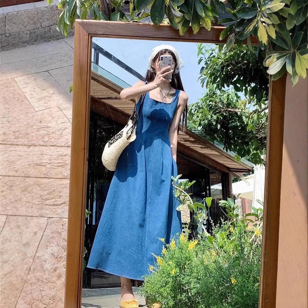 Blue Mist Love Französisches Denim-Kleid Damen Sommer Nischen-Design Sinn Taille Temperament Träger Langes Kleid