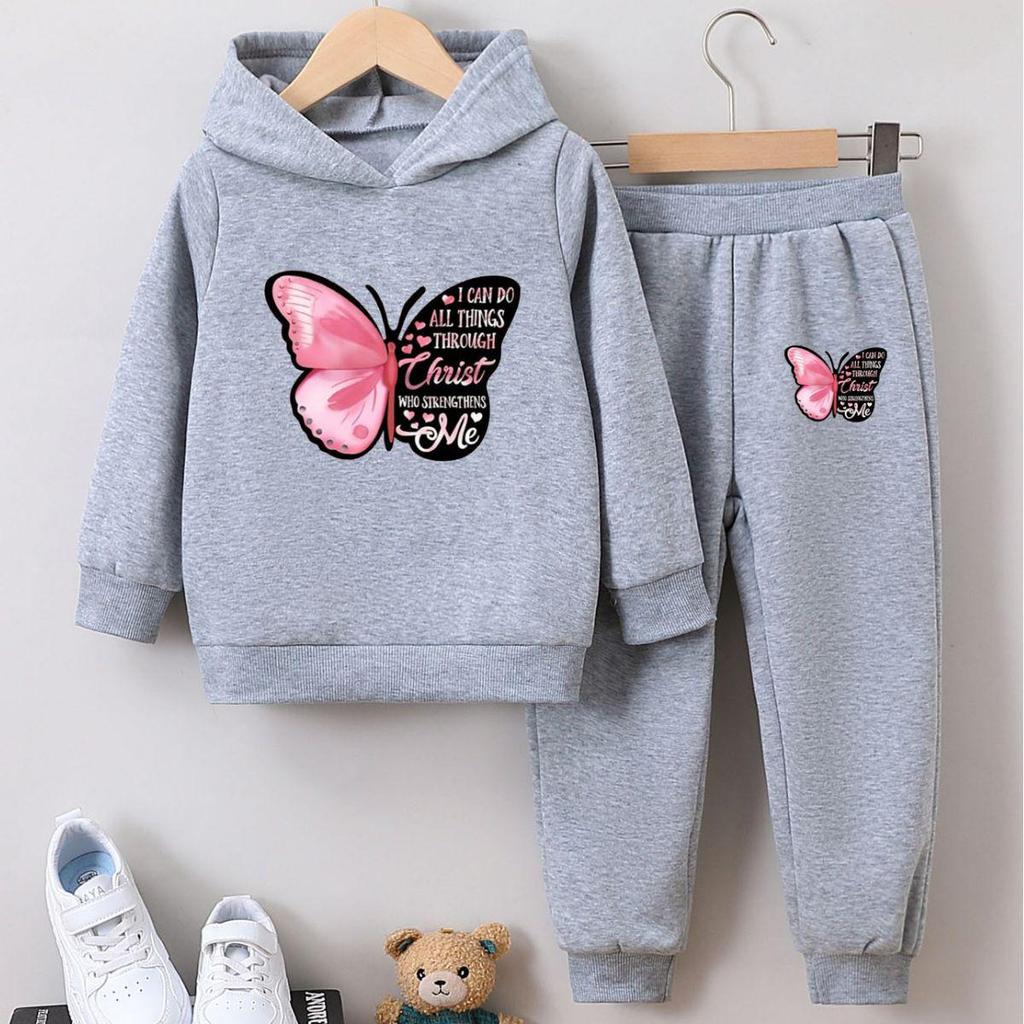 Completo Due Pezzi Felpa con Cappuccio Farfalla per Ragazze: Pullover di Velluto Cartone Animato Carino per Autunno e Inverno