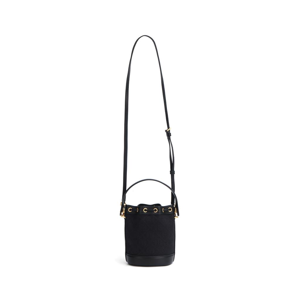 Tory Burch T Monogram All Over Print Drawstring Jacquard With Genuine Leather Trim Bucket Bag Women Handbags Black 152130-001