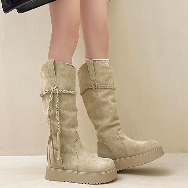 Design Sense Braid Tassel Boots Knight Boots Women's Autumn and Winter Retro Wasteland Wind But Knee Thin Pile Boots Tide