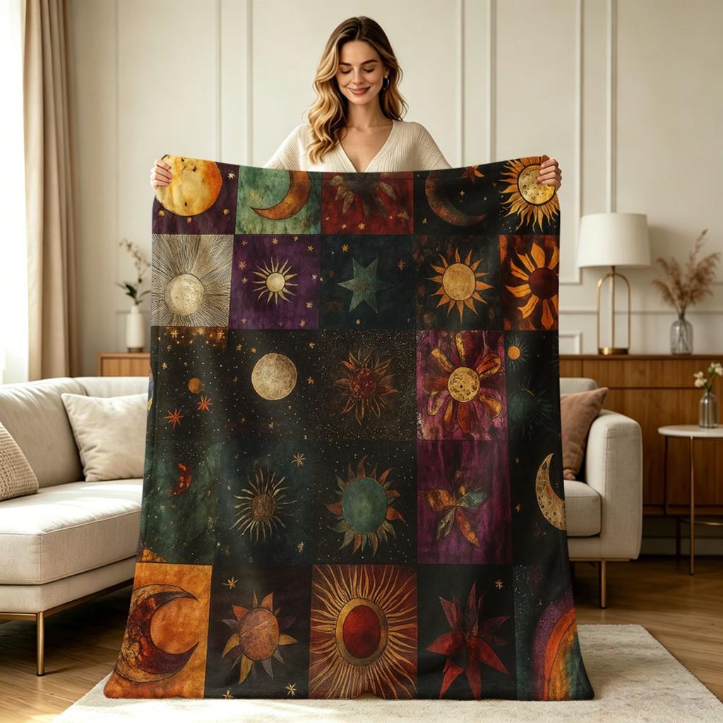 All Season Soft Flannel Celestial Sun Moon Star Printed Blanket Warm Cozy Throw Blanket for Couch Sofa Office Bed Living Room