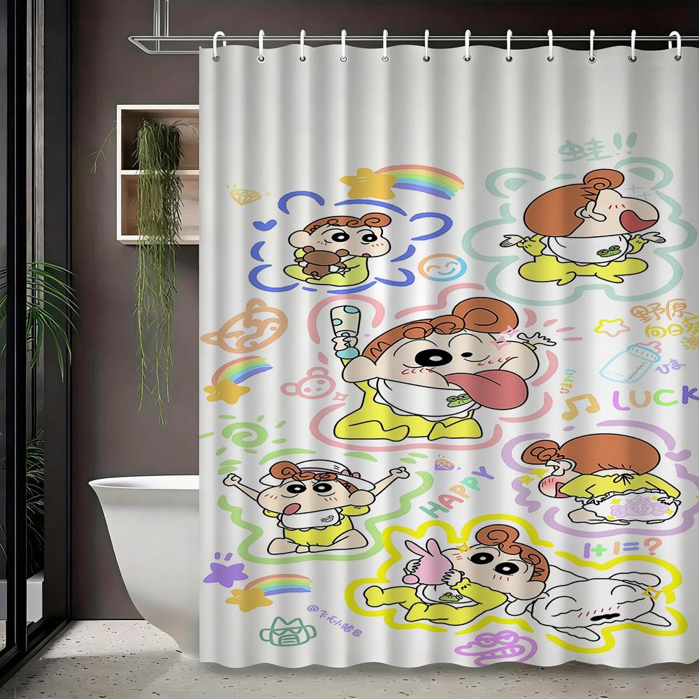 Crayon Shin-Chan & Shiro Best Friend Flying Scene 2D Print Waterproof Shower Curtain, Sweet Pink With Clouds & Daisies Bathroom