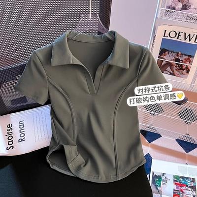 Polo Collar Front Shoulder Short-sleeved T-shirt Women's Summer Lapel Waist Fishbone Short T-shirt High-end Big-name Half-sleeved Top