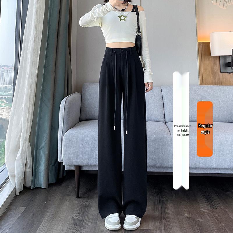 Women's Gray Wide-Leg High-Waist Sweatpants with Drawstring and Petite Fit