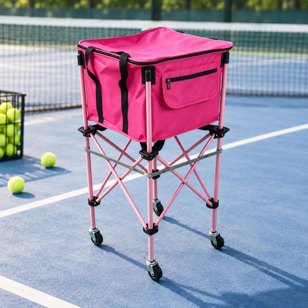 Tennis Ball Cart with Caster Wheels and Zippered Textile Compartment for Coaches