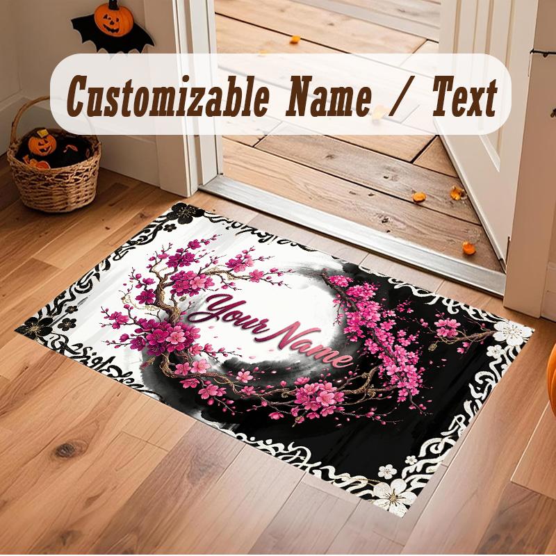 Floral Garden Theme Soft Crystal Velvet Rug Custom Name & Text Print Non Slip Floor Rug for Bedroom Living Room