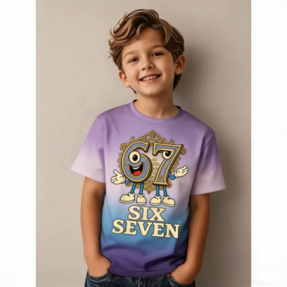 Fun Cartoon 67 Six Seven Multicolored Print Kids T-Shirts Summer Street Short-Sleeve Outdoor Casual Tops for Boy and Girl's Tees Top