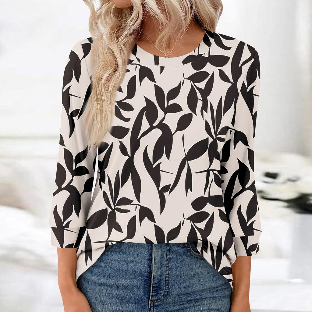 Damenmode, lässig, Rundhalsausschnitt, 3/4-Ärmel, lockeres bedrucktes T-Shirt, Damen-Top