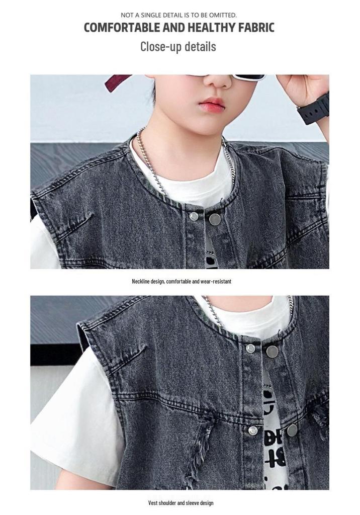 Boys' Summer Denim Vest & Printed Tee Shorts Set - Cool American Style 2026