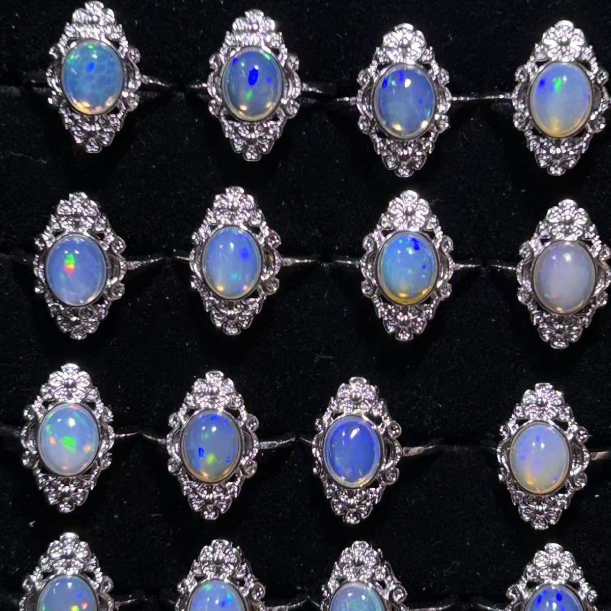 

Радужный Натуральный Опал Ручная Инкрустация Регулируемая Тисненая Рамка для Фотографий Кольцо с Натуральным Опалом Translucent Blue Body 1