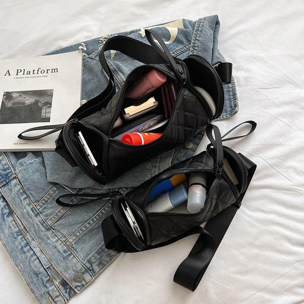 Elegant Rhombus Crossbody Bag Plaid Cylinder Bag Casual Nylon Shoulder Bag  Girls