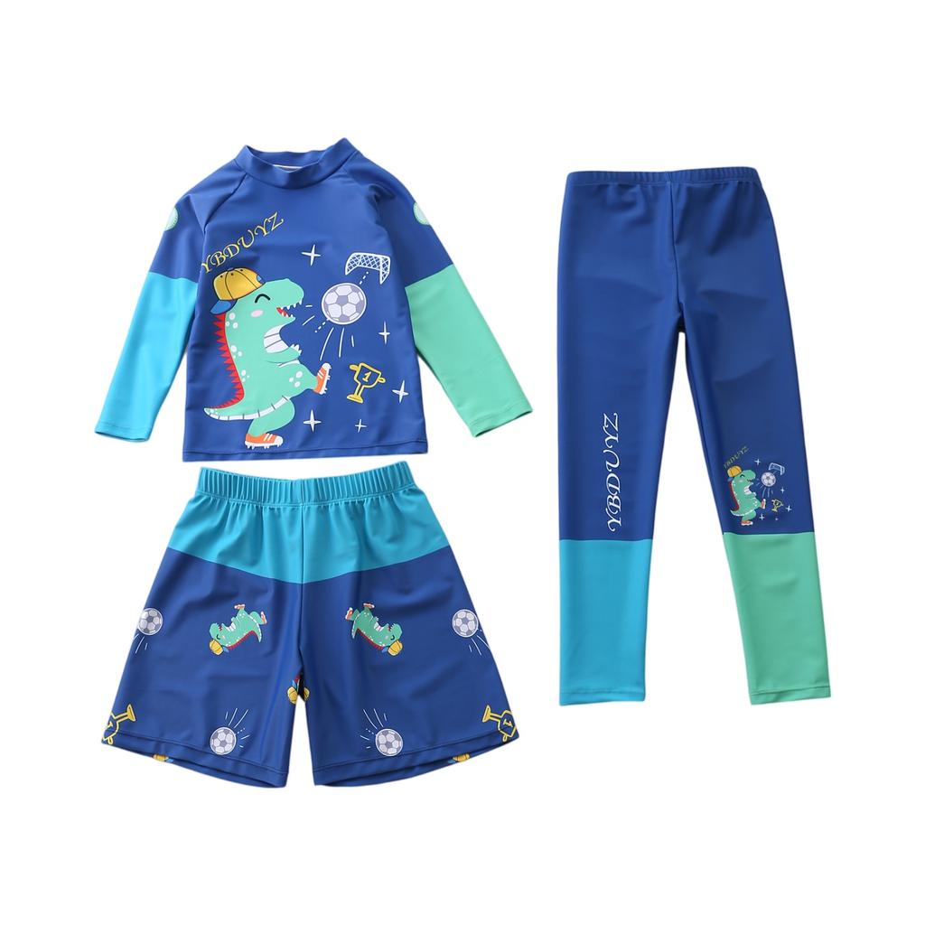 Dreiteiliges Jungen-Badebekleidungsset Langarm-Rashguard Badeshirt Badeshorts und Badehosen Cartoon-Print Leicht Schnelltrocknend