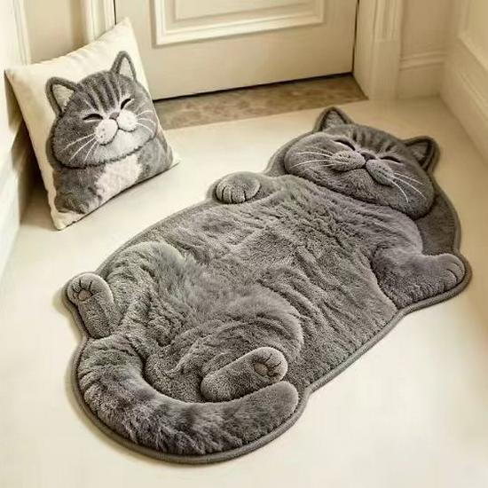 3D Cartoon Cat Faux Cashmere Floor Mat for Indoor Use - Water Absorbing, Dirt Resistant Foot Mat for Bathroom or Entrance.