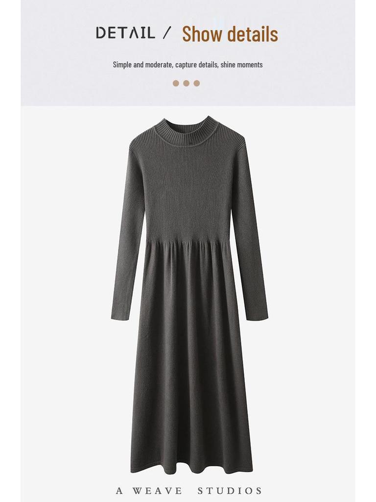 Women's Solid Color Velvet Knit Pullover Mid-Length Dress - Long Sleeve, Half High Neck, Over-the-Knee Style
