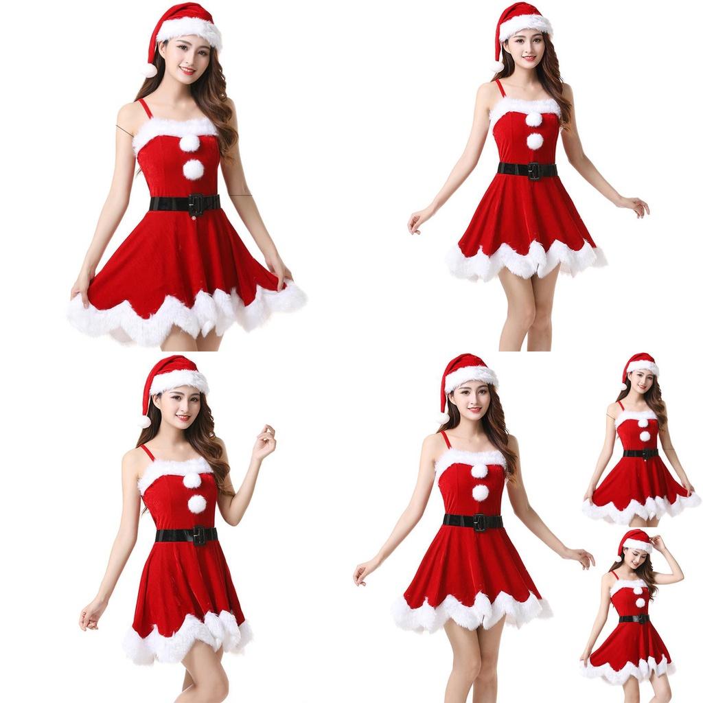 Red Velvet Women Christmas Costume With Soft Touch Santa Claus Dress And Hat