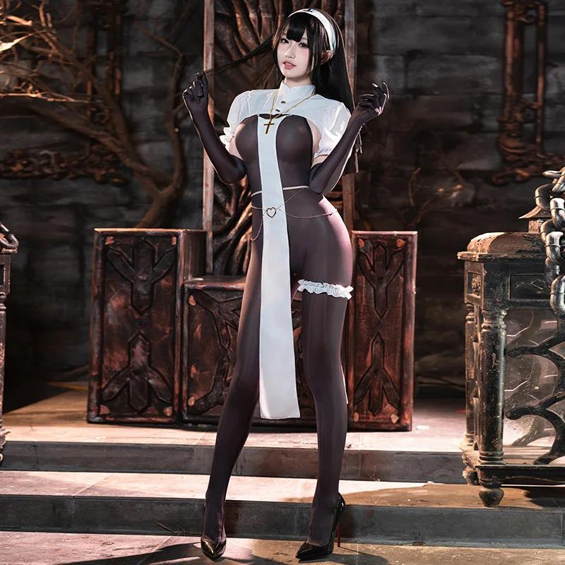 Kobiety Seksowna Zakonnica Cosplay Kostium Halloween Dorosły Przezroczysty Kombinezon Pokojówki Otwarty Krok Z Welonem Karnawał Impreza Klub Nocny Bar Garnitur