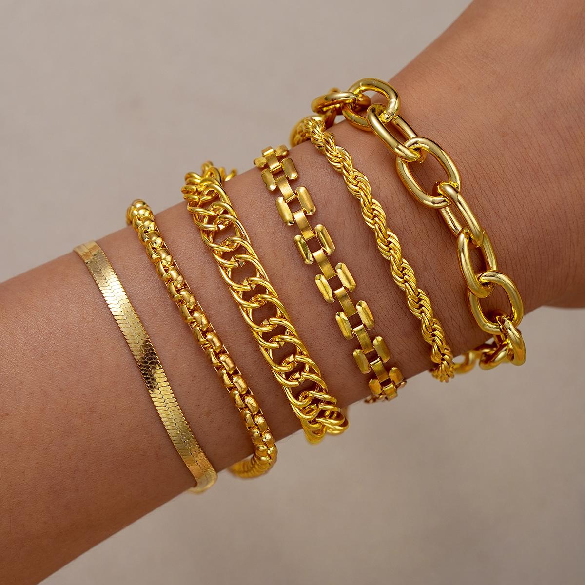 

6pcs Simple Punk Gold Color Chain Bracelet Set Chunky Metal Link Chain Twisted Designs Multi Layered Bracelets For Women Jewelry