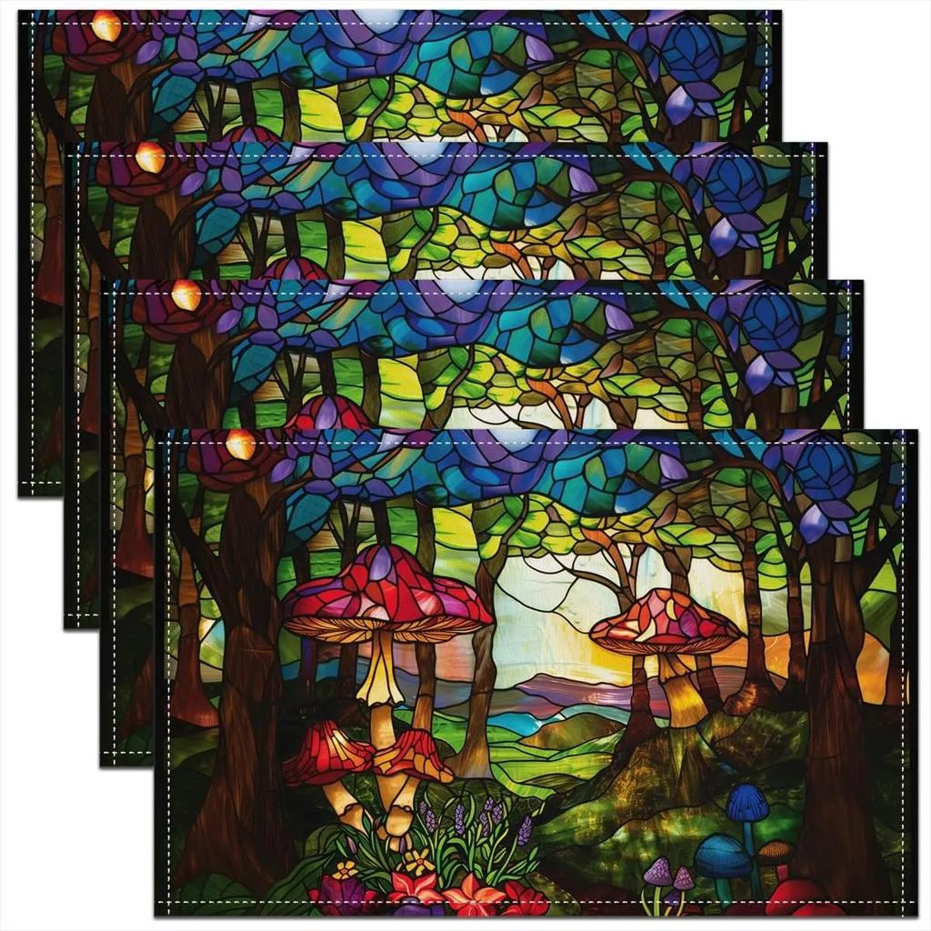 1PC Mushroom Decor Table Place Mats Longleg Mushroom Dragonfly Placemat for Kitchen Dining Table Decor