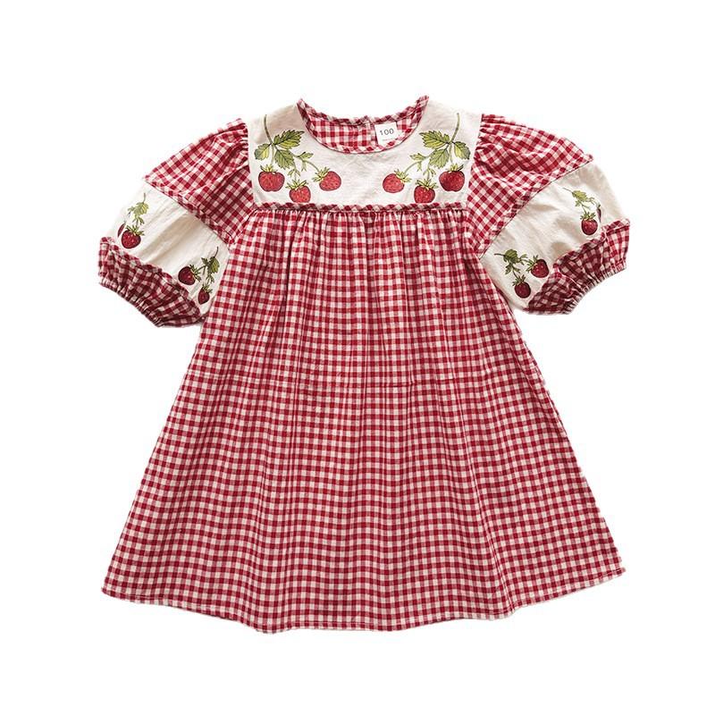 Girls Summer Puff Sleeve Strawberry Print Block Plaid Loose Princess Dress Casual Cute Party Wear For Kids