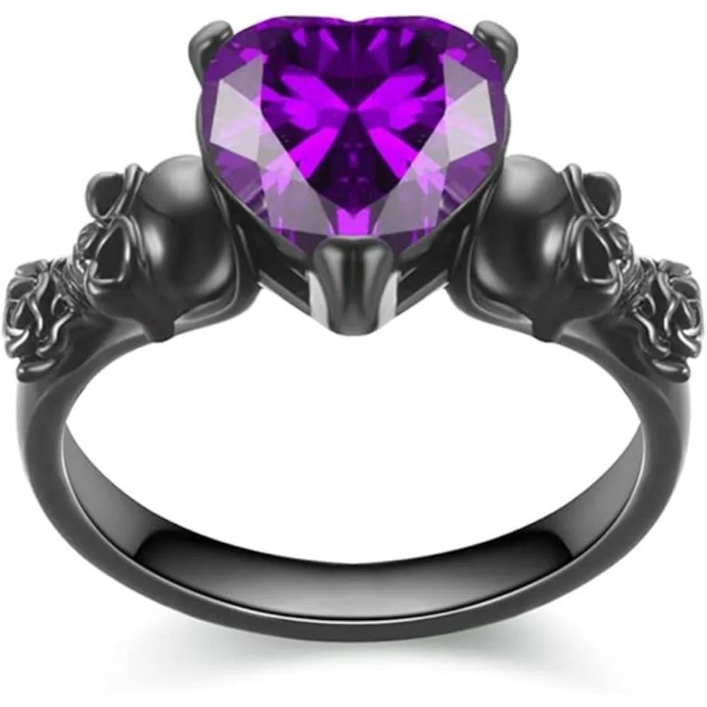 Gothic Skull Heart Ring for Women, Black Gold Tone with Red Purple Crystal Zirconia, Ideal Gift for Valentine's Day Mother's Day