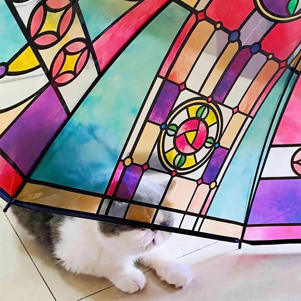 Romantic Vintage Stained Glass Automatic Rainbow Clear Umbrella for Women Rainy Day Fashion Accessory