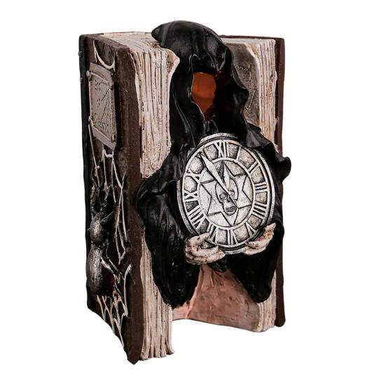 Halloween Skull Book Statue Spooky Resin Skull Spider Web Book Figurine with Grim Reaper Gothic Home Tabletop Decor