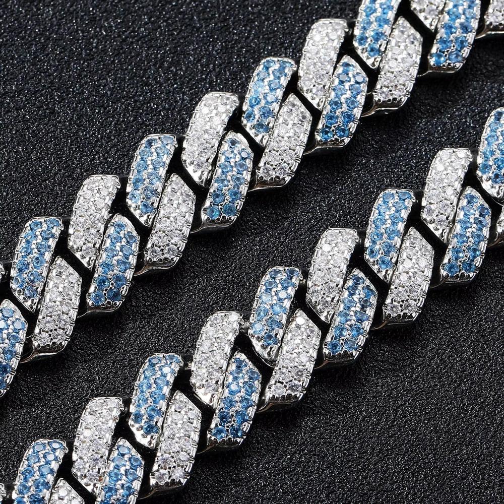 Gioielli Hip Hop Personalizzati Larghezza 14mm Iced Out Argento e Zircone Blu Bicolore CZ Incastonatura Maglia Cubana Bracciale