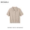 Women's Short Sleeve French POLO Collar Diamond Jacquard Knit Top - 54.7% Wool, 45.3% Linen