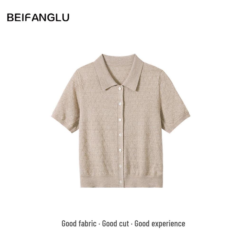 Women's Short Sleeve French POLO Collar Diamond Jacquard Knit Top - 54.7% Wool, 45.3% Linen