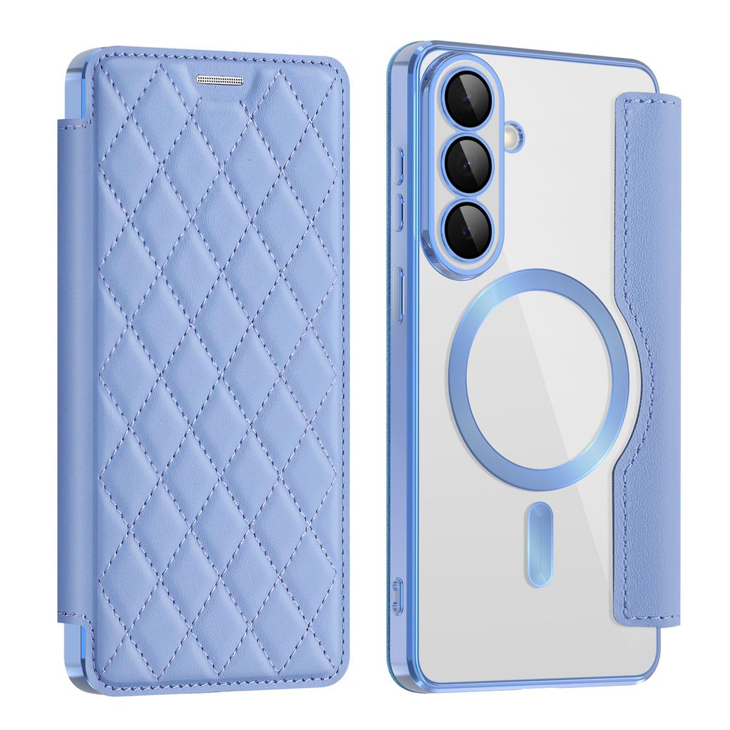 For Samsung Galaxy S26+ Magnetic Case RFID Blocking Card Holder Rhombus PU Leather Phone Cover with Lens Film
