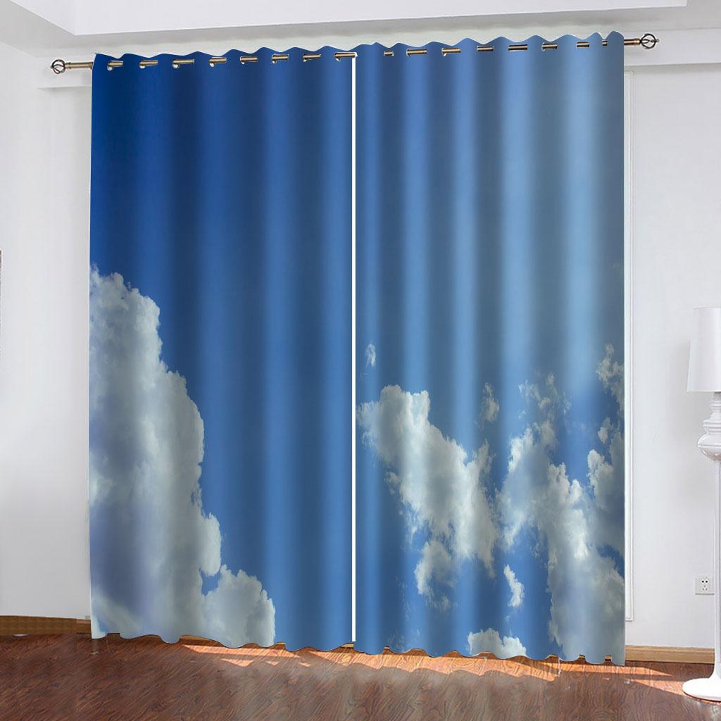 Gardiner Salong 2 Delar 3D Lyx Blå Himmel, Vita Moln, Havsmönster Fönstergardin För Barn Barn Pojke Sovrum Vardagsrum