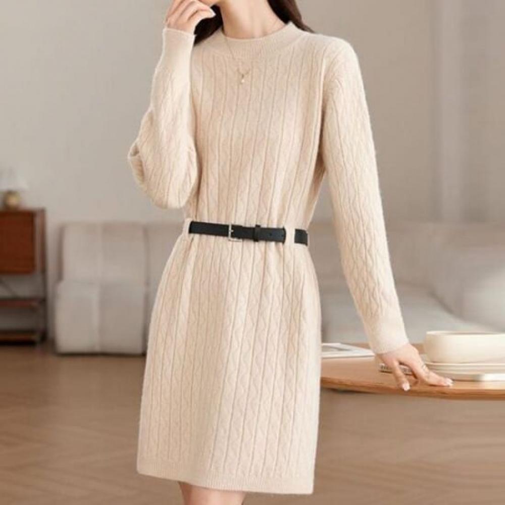 Navava Women Knit Dress With Belt Round Neck Long Sleeve No952
