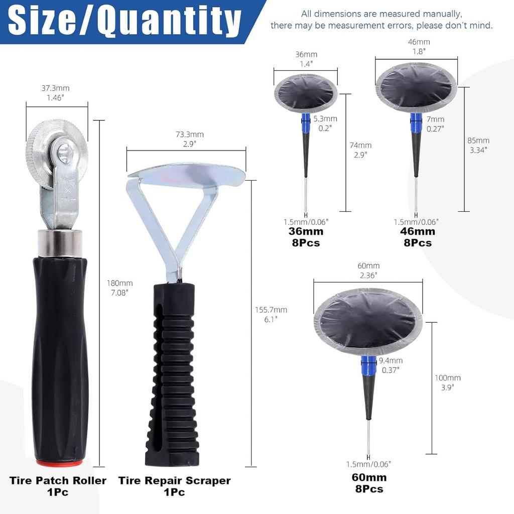 Glarks 26Pcs Tire Repair Patch Tool Kit Including 1Pc Tire Patch Roller, 1Pc Tire Inner Liner Scraper and 24Pcs 4mm/6mm/9mm Tire Repair Patch Plug