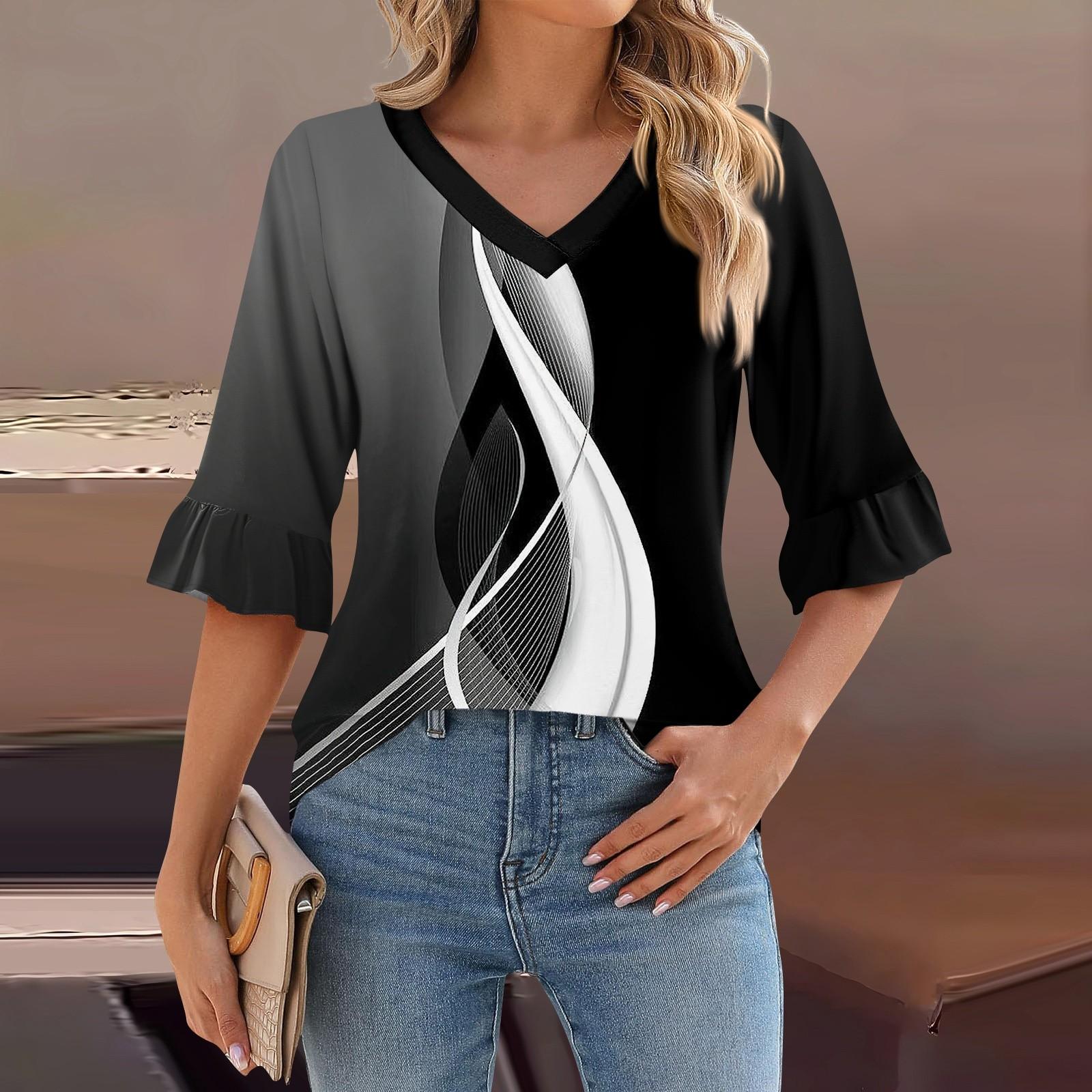 

Женский повседневный топ с рукавами 3/4, летняя футболка с v-образным вырезом и пышными рукавами L чёрный