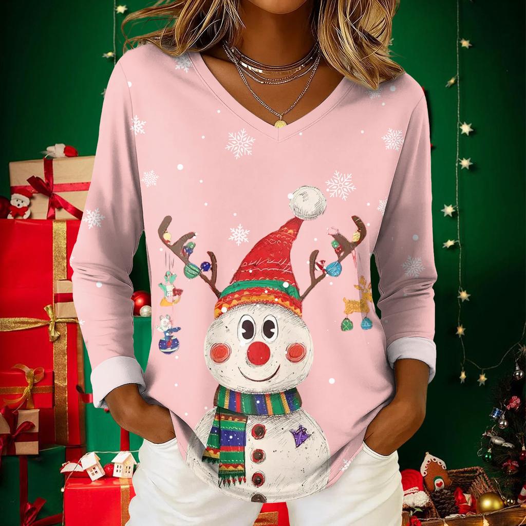 Women's Christmas Print Casual V-Neck Long Sleeve Top