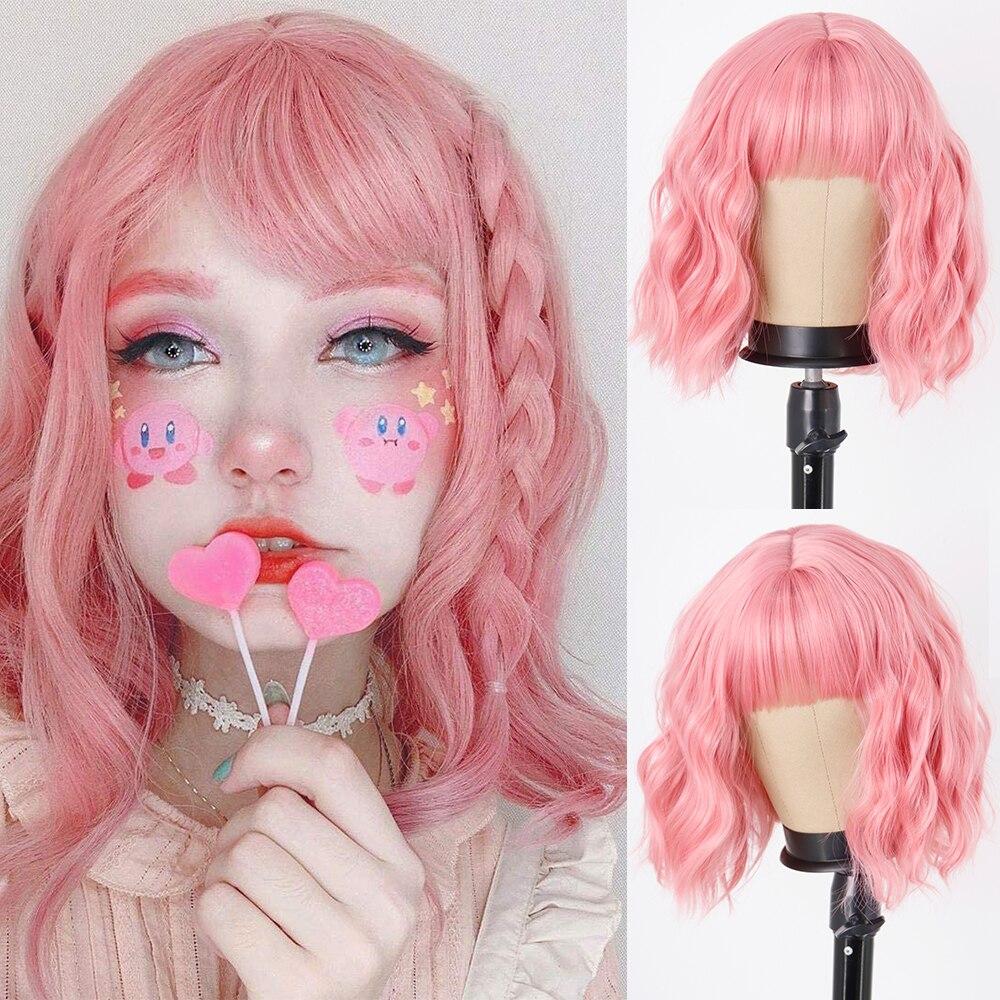 MISS WIG Women Fashion Short Wavy Wig with Bangs Synthetic Fiber Pure White Wavy Wig Cosplay Halloween Party Wear