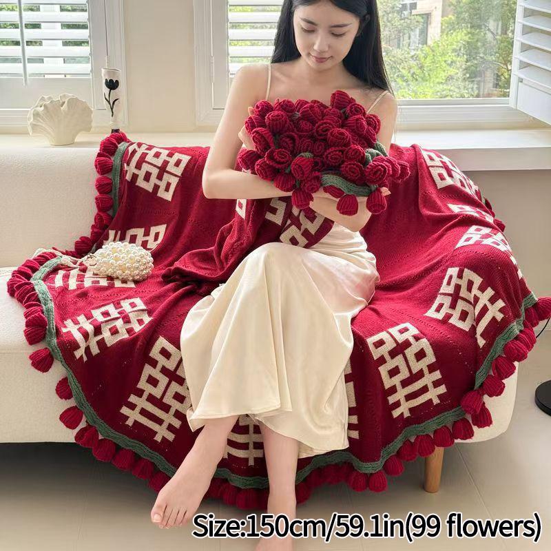 Chinese Wedding Gift Rose Bundle Blanket Wedding Gift Red Lucky Character Sofa Blanket Wedding Blanket Winter Warm Wedding Gift