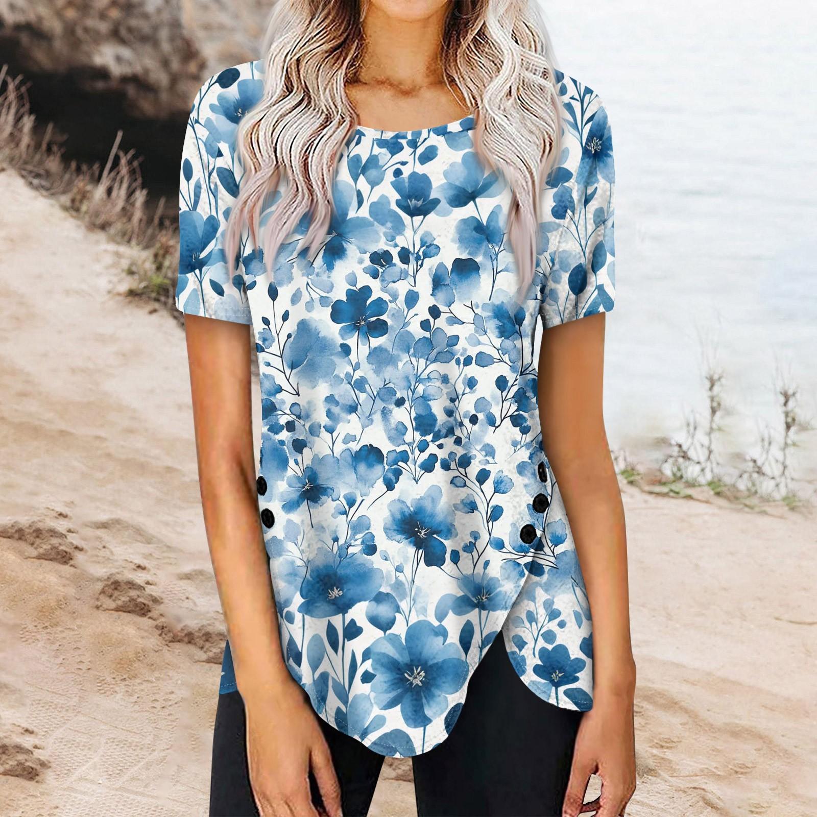 

Женская мода повседневная блузка с коротким рукавом и круглым вырезом с принтом на пуговицах сбоку L синий