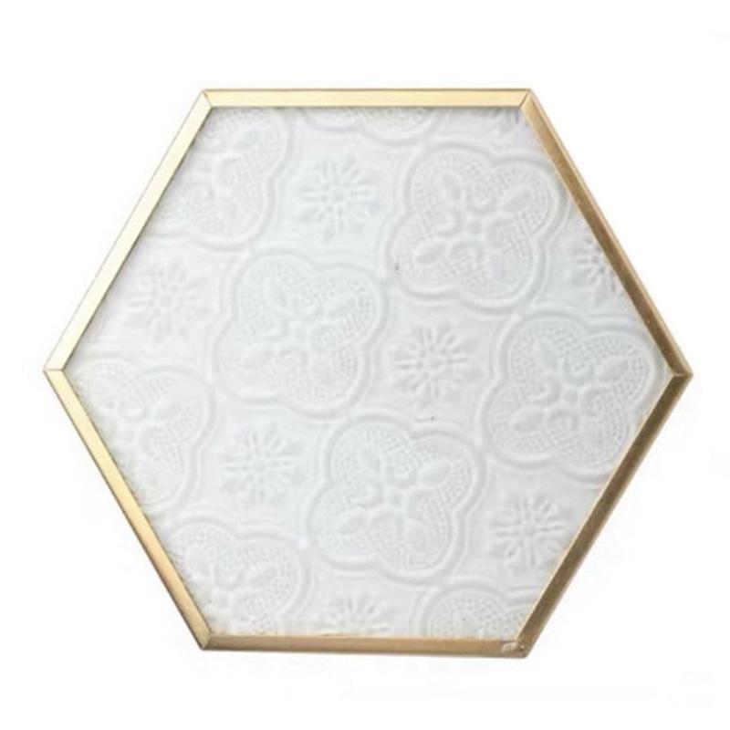 Window Grille Glass Coaster Gold Copper Embossed Pattern Hexagonal Glass Coaster Dining Table Insulation Pad Teacup Mat