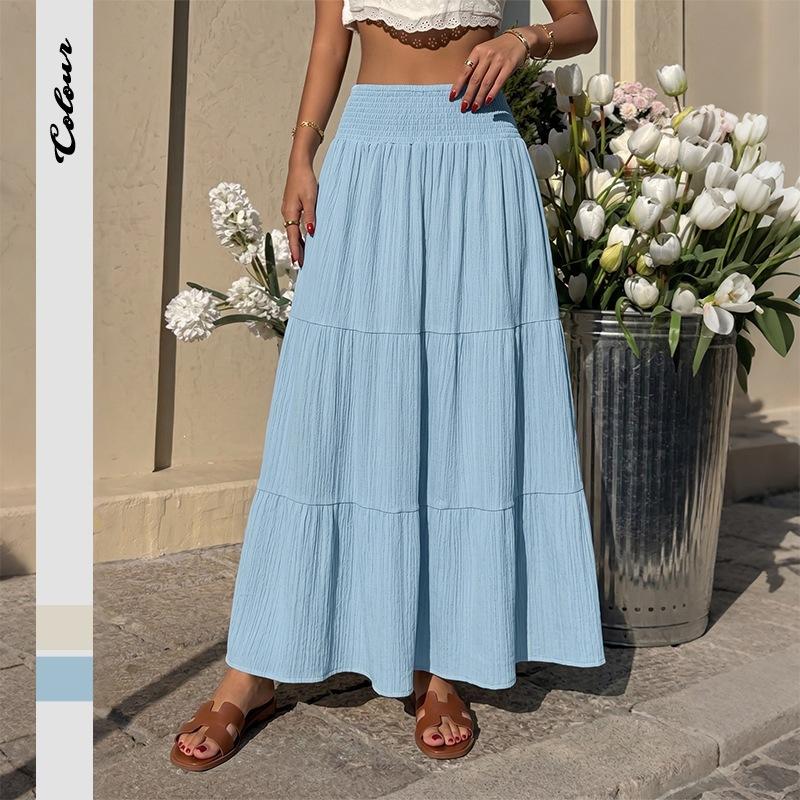 Women S Elastic Waist A Line Long Maxi Skirt Summer Casual