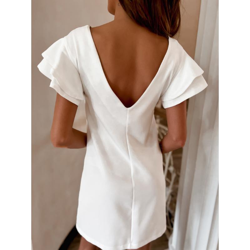 Summer Simple Short Sleeved Fashion Ruffled Dress Women Backless O Neck Solid Color Elegant Casual Simple Loose A-line Party Short Dresses Female