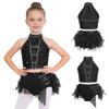 Kids Girls Latin Dancewear Halter Sleeveless Strappy Back Crop Top with Elastic Waistband Tassels Feather Skirt for Samba Rumba Cha-Cha Show