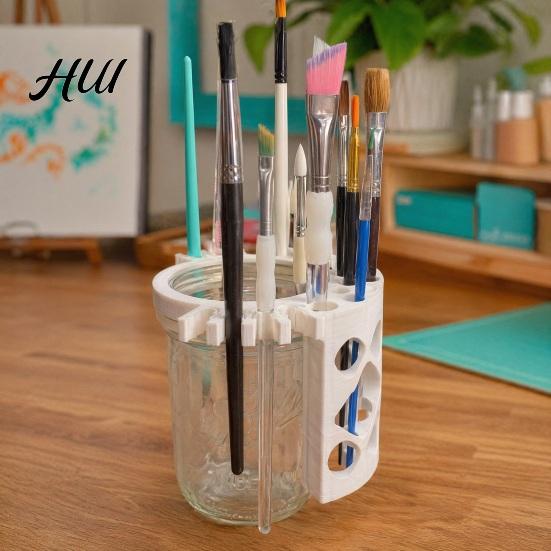 Brush Holder Rack Mason Jar Paintbrush Holder, 2 in 1 Rinse Cup Lid And Drying Elastic Card Slot Stand, Slots for Art Brushes, Rust-Free Pen Fits Wide