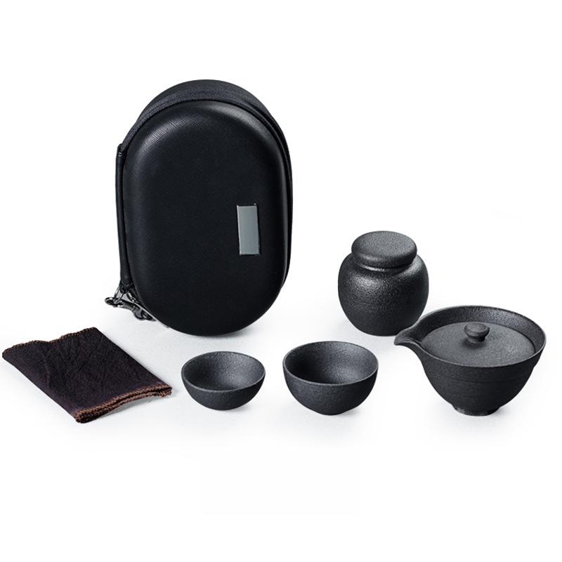 Portable Japanese Black Pottery Tea Set with One Teapot and Two Cups - Ideal for Travel or As a Souvenir Gift
