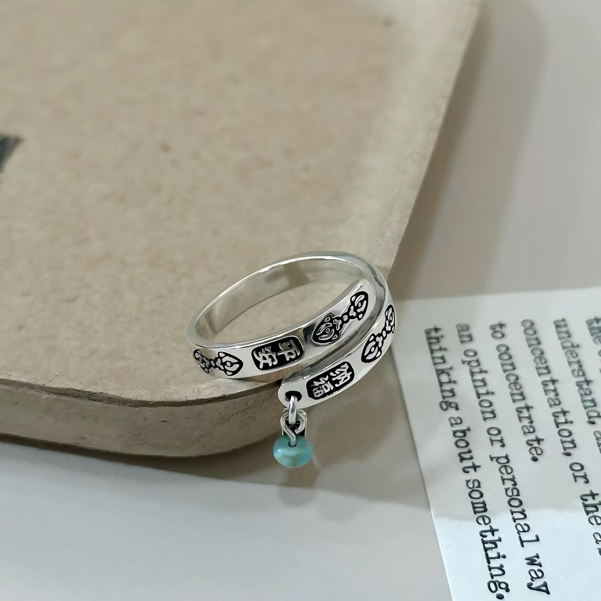 

S925 Sterling Silver Turquoise Vajra Mantra Women s Open Ring – Ethnic Retro Design