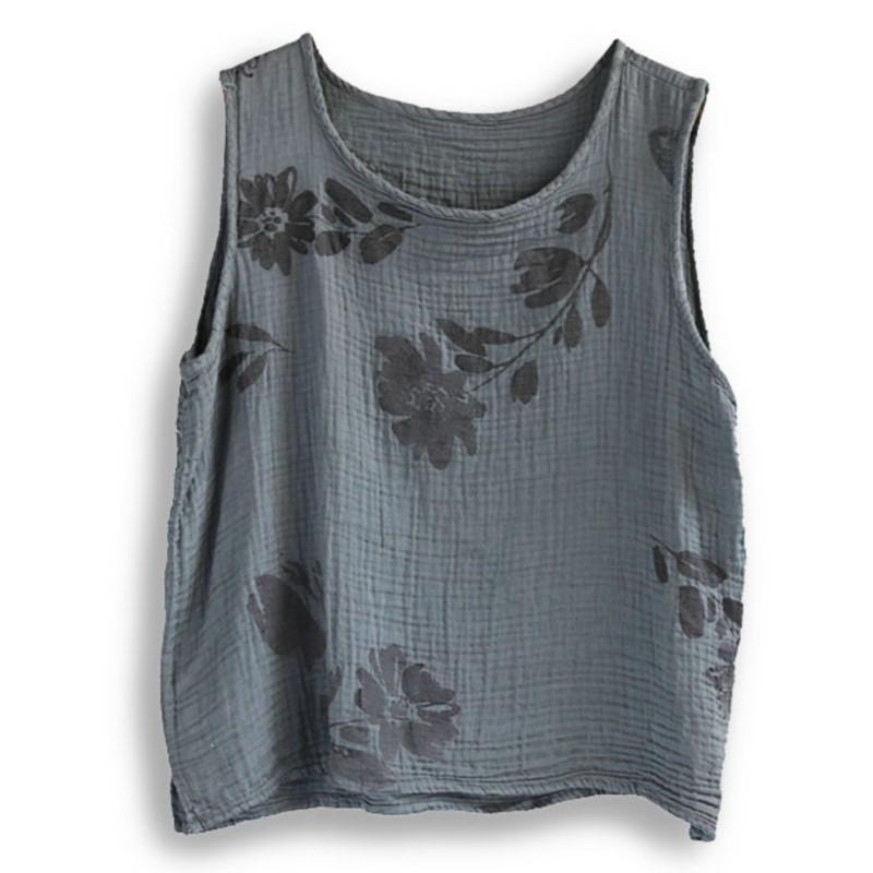 Johnature Vintage Print Floral Tank Tops Women O-Neck Sleeveless Cloths Summer Chinese Style Loose Tank