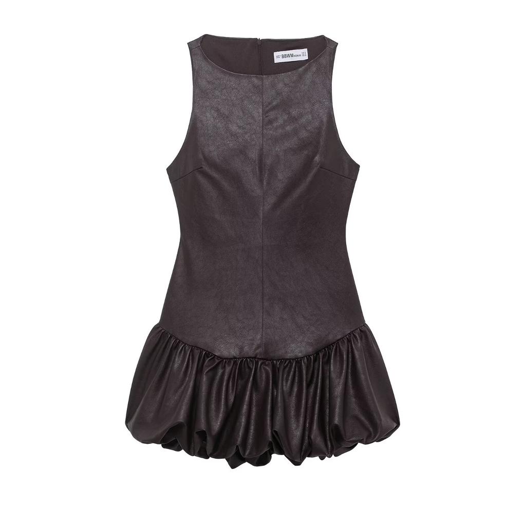 Women's clothing autumn and winter new women's clothing European and American style leather effect jumpsuit puffy dress